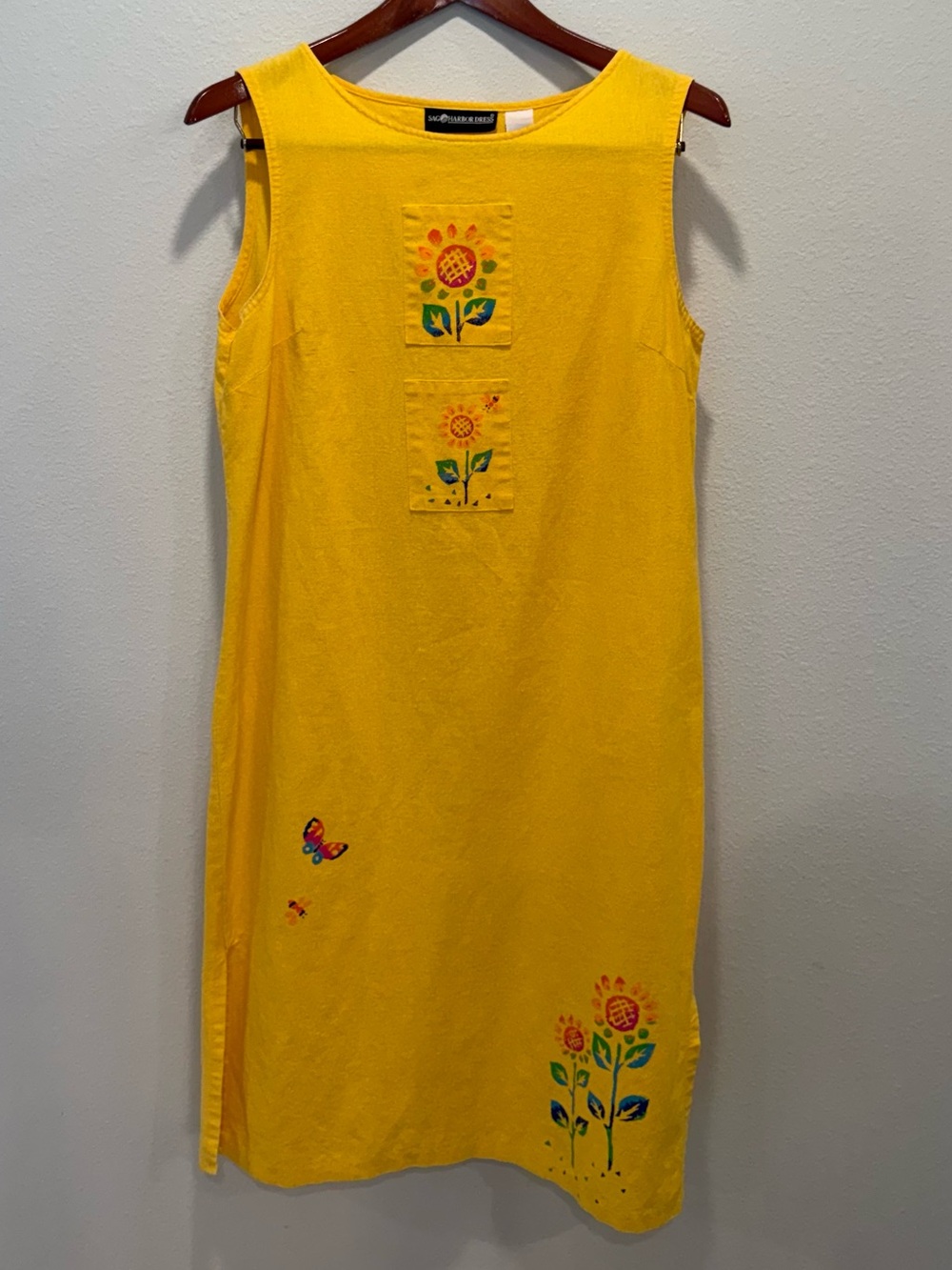 Sag Harbor Yellow Linen Cotton Midi Tank Dress Butterfly Floral Print Size L